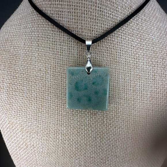 Light Green Coral Fossil Pendant Necklace on Black Satin Rope - Picture 12 of 15